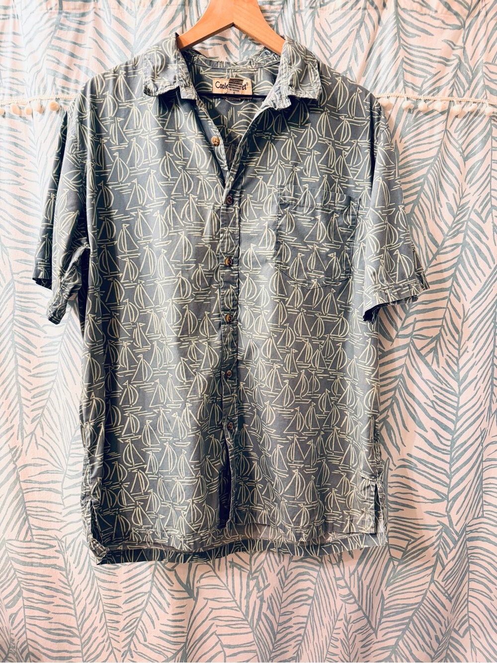 Men’s 100% Cotton Aloha Shirt with Allover Green Sailboat Print ⭐️3 for $20⭐️